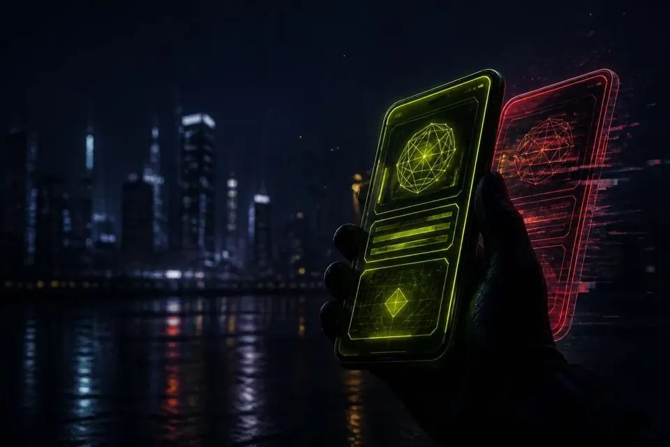 Рука держит смартфон на фоне ночных небоскрёбов в салатовом неоне — игра в EZCash с телефона