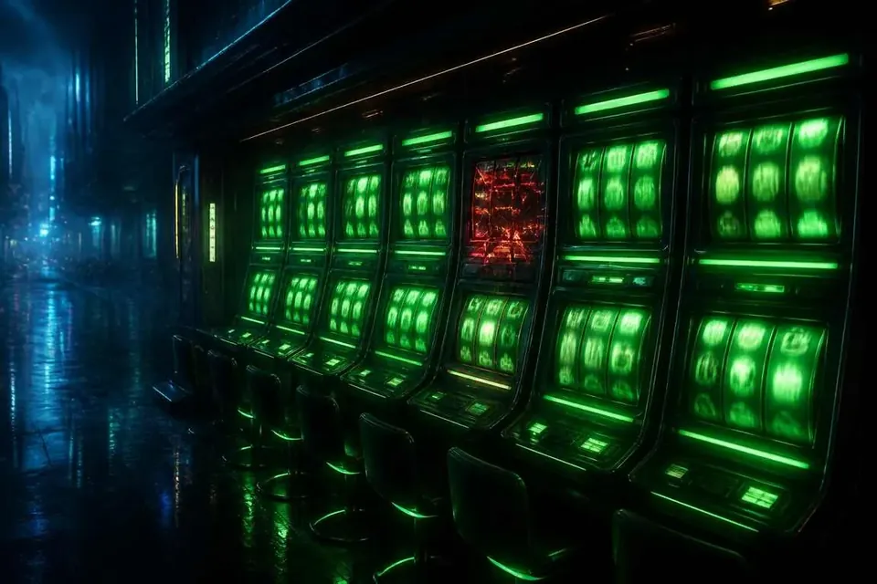Стена игровых экранов с растущим графиком и рулеточным столом в зелёном неоне — каталог развлечений Gorilla