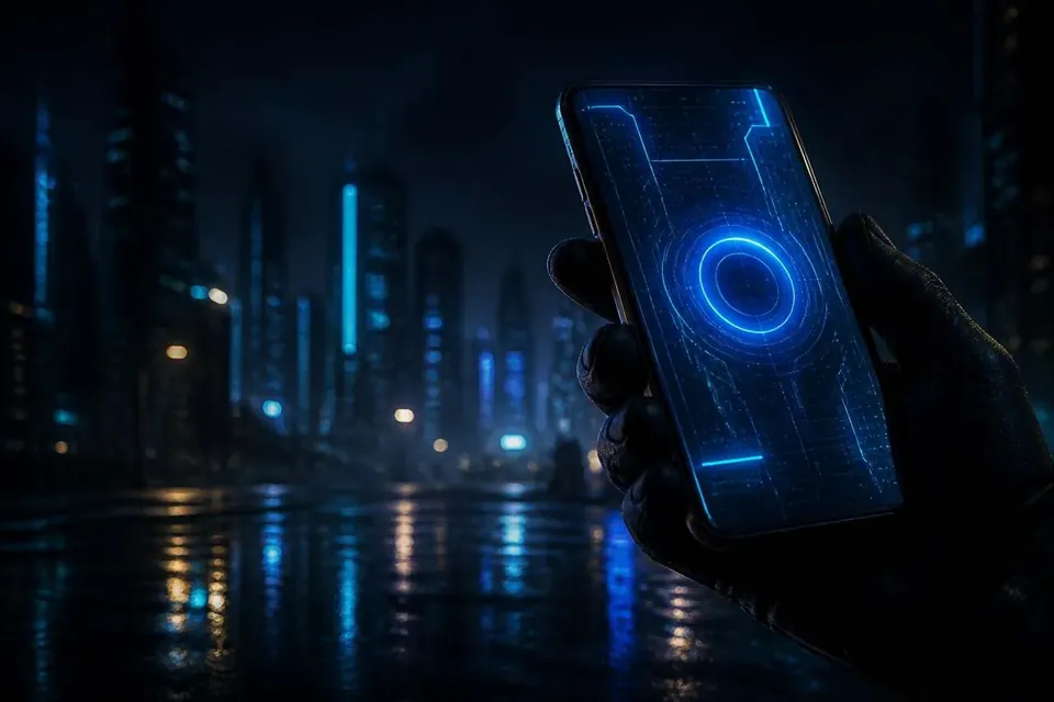 Смартфон с круглой кнопкой в ладони игрока в бирюзовом неоне — игра в Leon с телефона