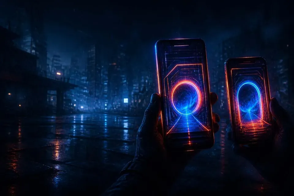 Рука держит смартфон на фоне ночных небоскрёбов в сине-красном неоне — игра в Mostbet с телефона