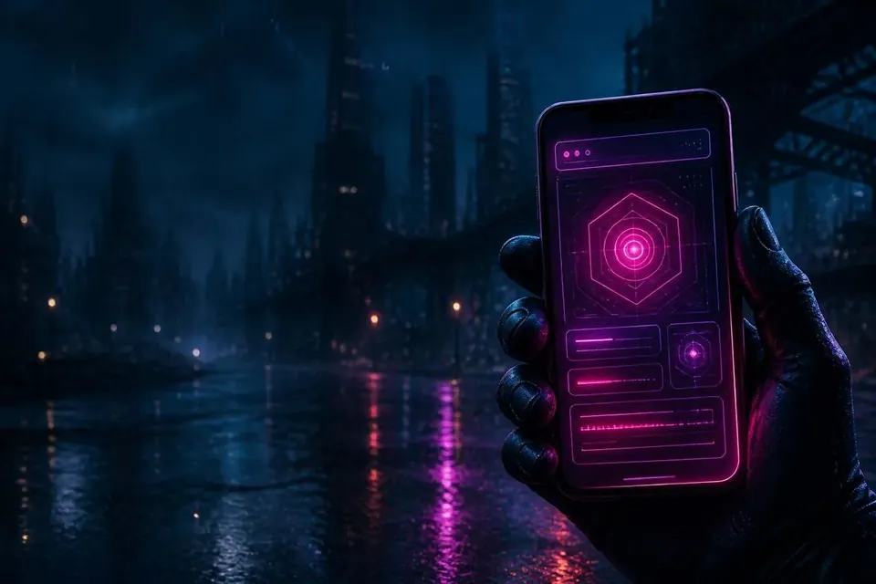 Рука держит смартфон на фоне ночных небоскрёбов в малиновом неоне — игра в Riobet с телефона