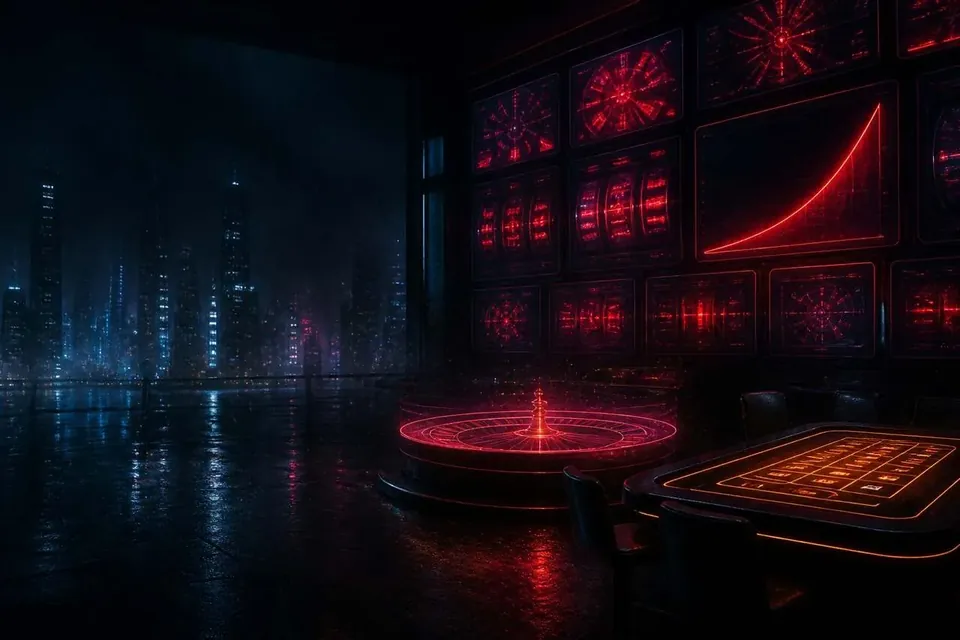 Стена игровых экранов с растущим графиком и рулеточным столом в алом неоне — каталог развлечений Vavada