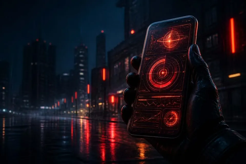Рука держит смартфон на фоне ночных небоскрёбов в алом неоне — игра в Vavada с телефона