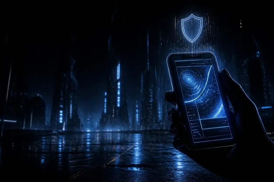 Телефон с защитным значком над экраном в ледяном голубом неоне — приложение, привилегии и защита Vodka